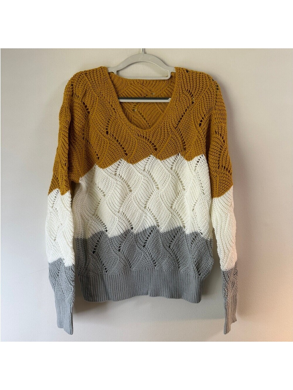 Womens S Mustard Cream Gray Colorblock Open Knit Sweater Boho Crochet Pullover